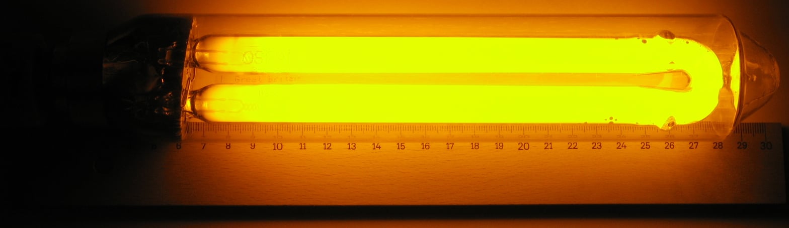 Its hard to get a photo of a low-pressure sodium (or SOX) lamp without being dazzled by it, so thanks to Wikipedia user Proto02 for this image