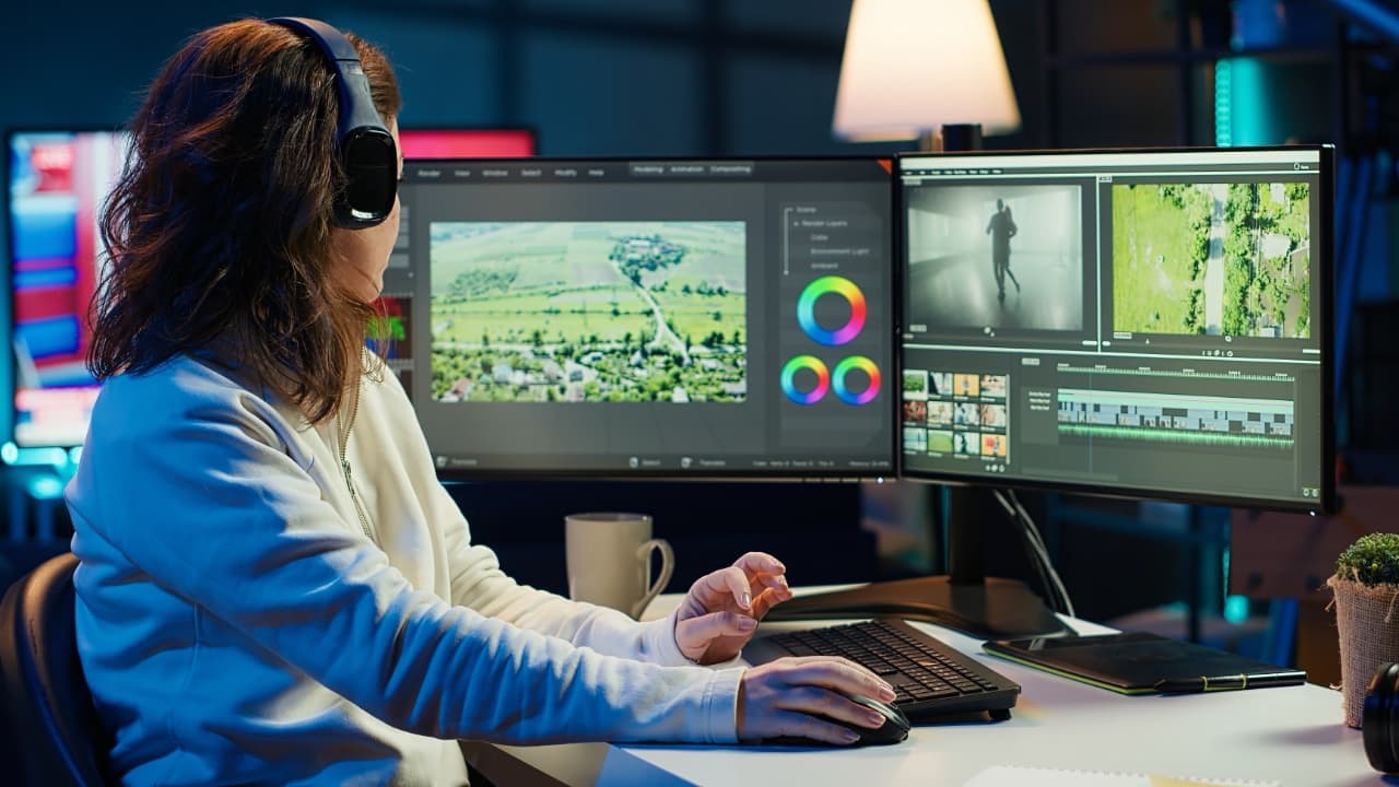 https://www.dreamstime.com/videographer-working-film-montage-listening-music-editing-color-grading-post-production-studio-worker-manipulating-raw-image337227742